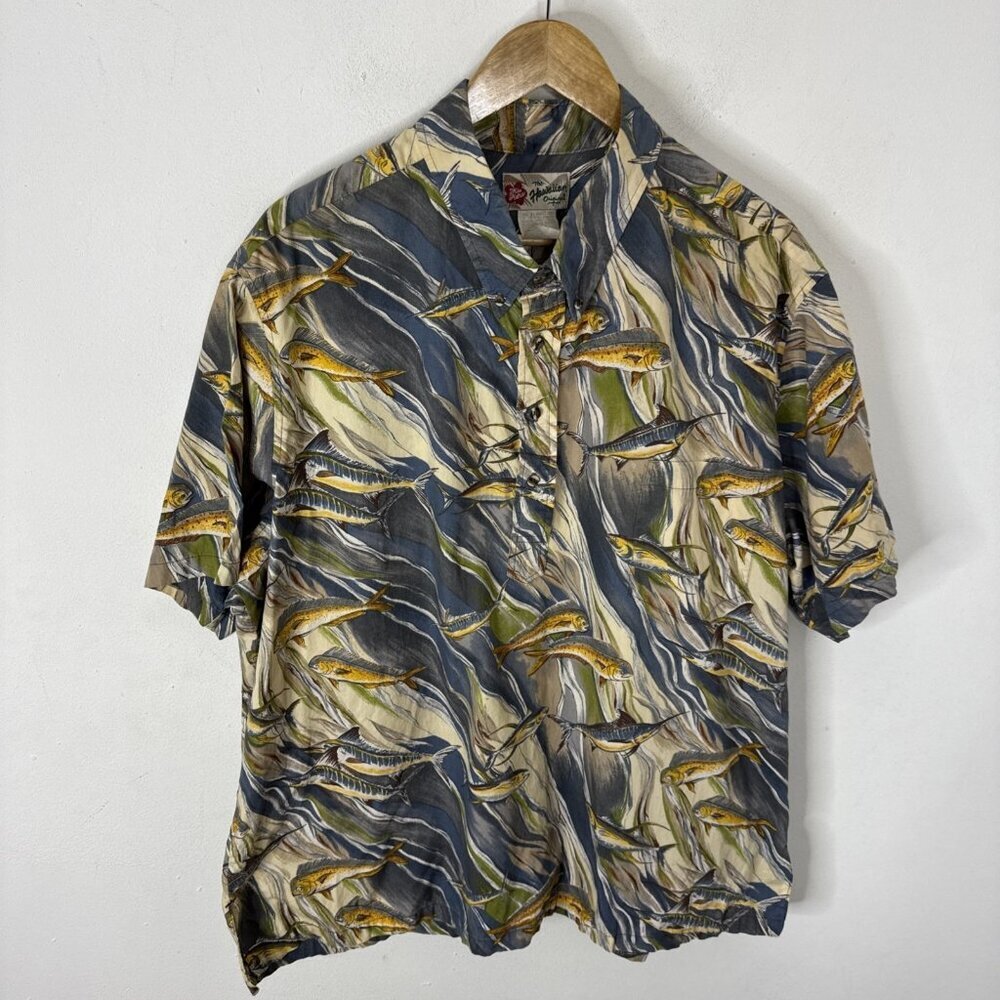 VTG Hilo Hattie Fish Print Aloha Shirt 4XL Rayon Hawaii Ocean Angler Camp Collar